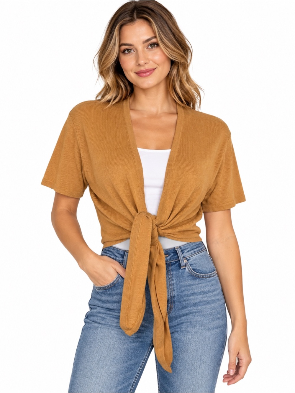 TSE Cashmere Wrap Cardigan Women Size Large Tan Silk Blend Tie Front